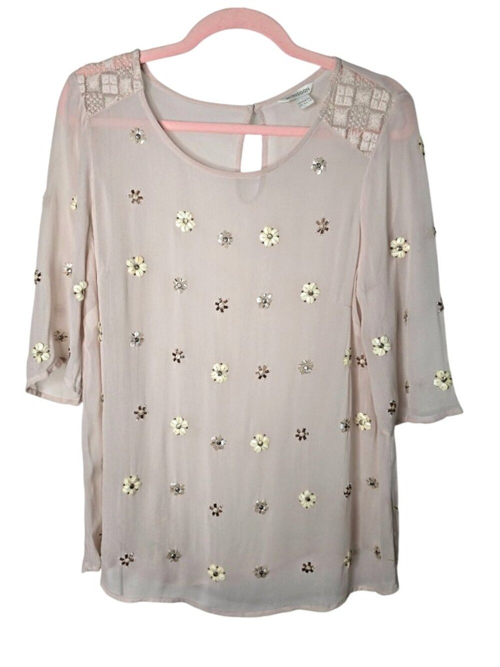 Monsoon Embellished Sheer Blush Top With Lace Details Size 10 US Floral Accents